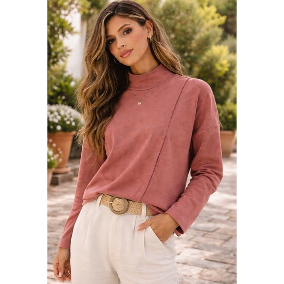 Amour Vert Tops - Amour Vert Mock Neck Top Minimalist Capsule Wardrobe Long Sleeve Dusty Rose Sz M